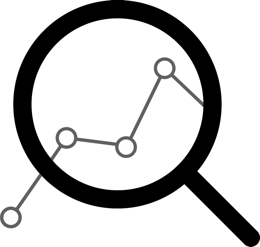 Magnifying glass icon with graph, representing data analysis.