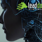 A woman's head with the words "lead dog digital" symbolizes the convergence of human intelligence and AI (Artificial Intelligence), showcasing their harmonious integration. The picture illustrates how AI (Artificial Intelligence) chatbots are changing business.
